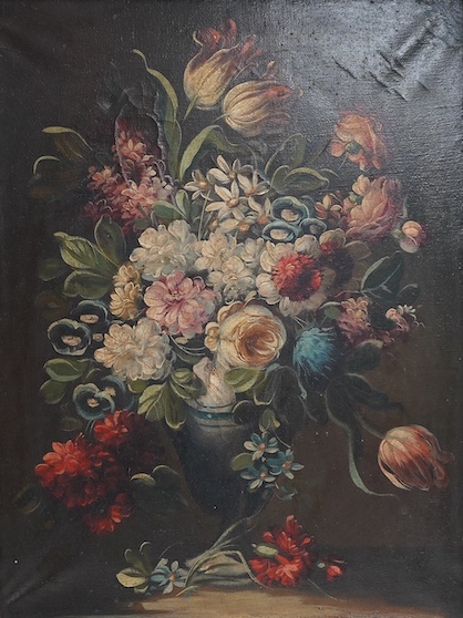 17th century Dutch style, oil on canvas, Still life of flowers in a vase, unsigned, 39 x 29cm. Condition - fair